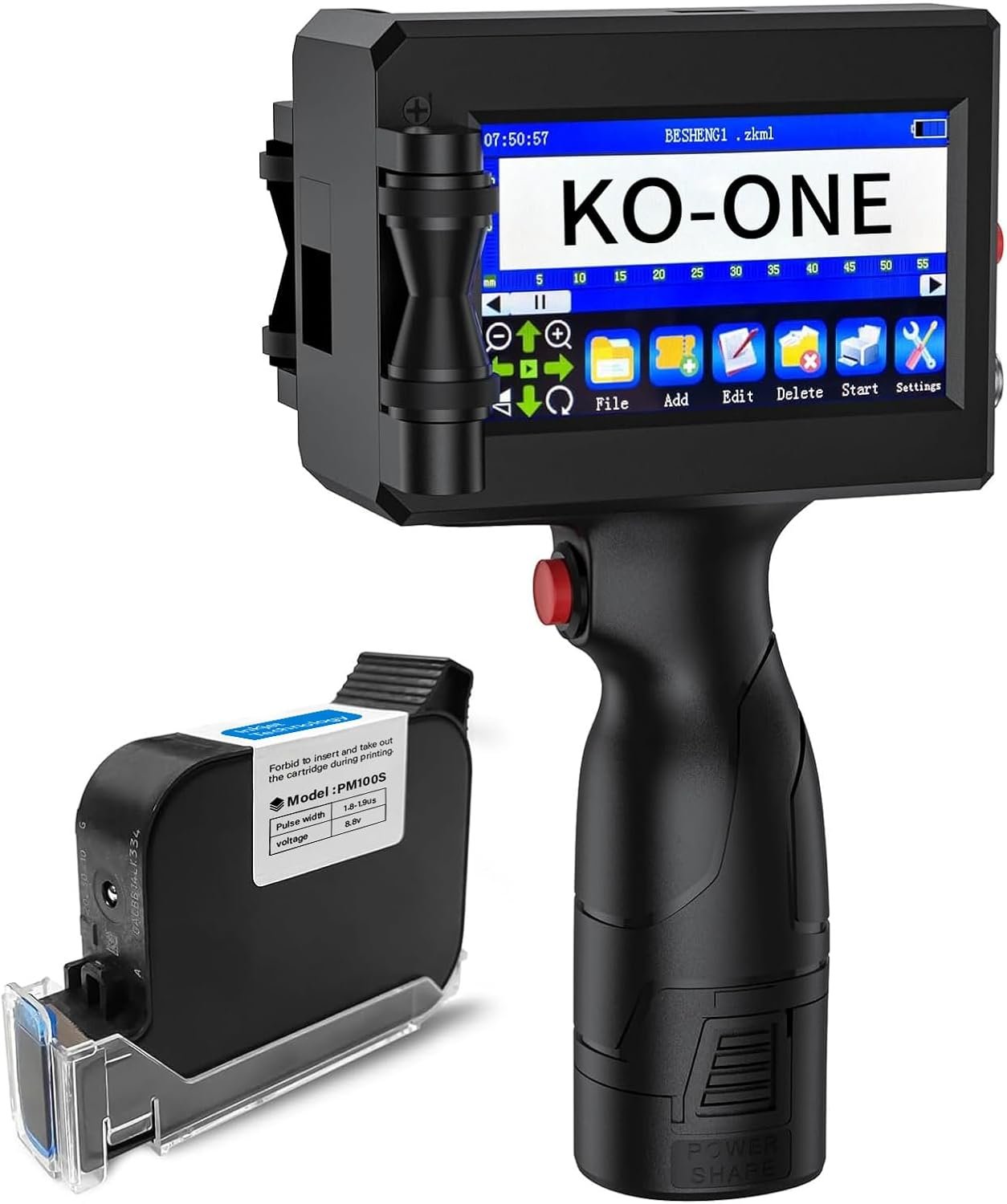 KOONE Handheld Inkjet Printer, 0.5 Inch Nozzle, Portable Inkjet Printer Gun for Text QRCode Barcode Production Date Time Logo Batch Number Print on Metal Wood Glass Cloth Carton Plastic (Black)