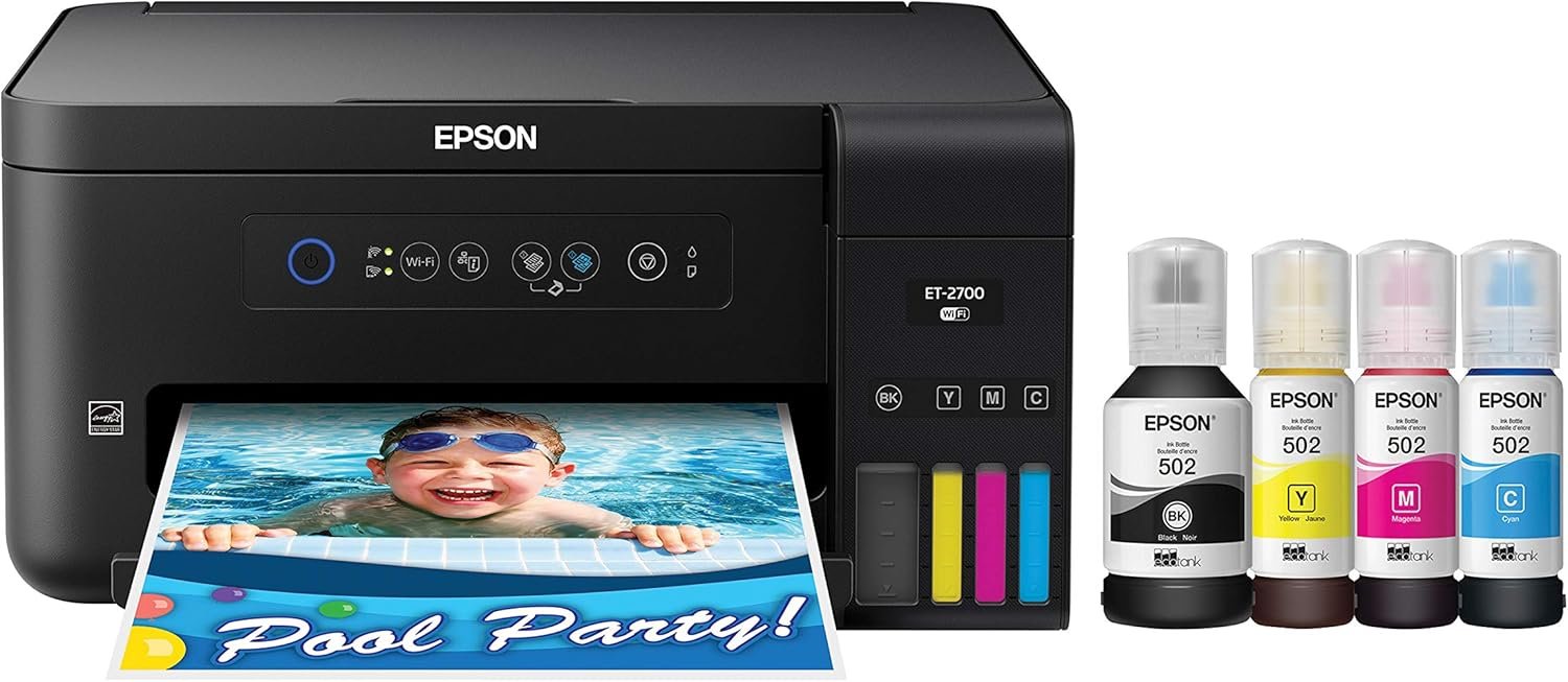 Epson Expression ET-2700 EcoTank Wireless Color All-in-One Supertank Printer with Scanner and Copier, Large