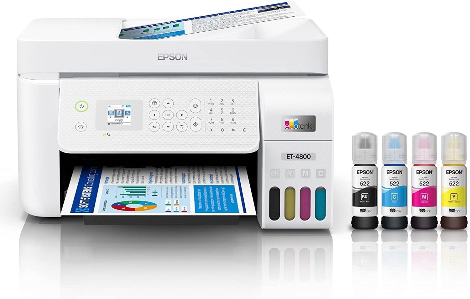 Epson EcoTank ET-4800 Wireless All-in-One Supertank Color Inkjet Printer, White - Print Copy Scan Fax - 10.0 ppm, 5760 x 1440 dpi, 8.5" x 14", 30-Sheet ADF, Ethernet