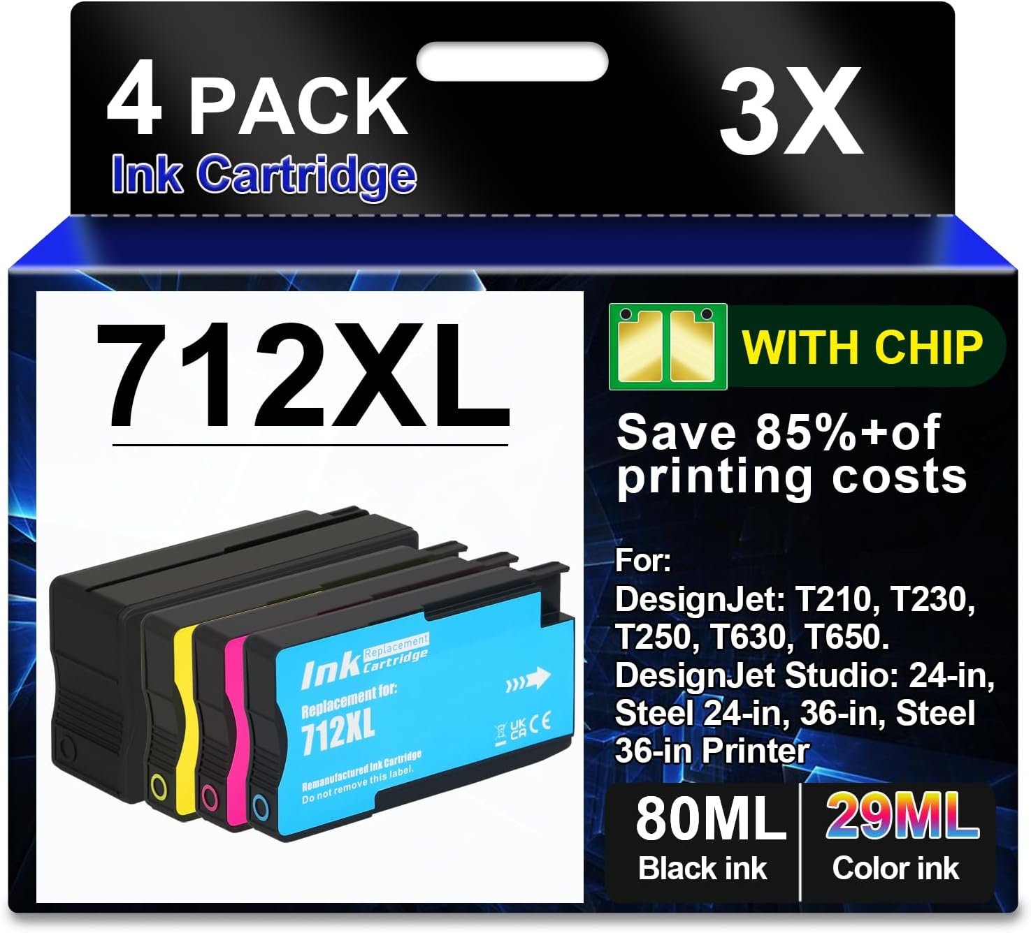 712XL Ink Cartridges High Yield Remanufactured 4PK 712 Ink Cartridge Replacement for T650 T630 T250 T230 T210 Studio Plotter Printer(1X 80-ML Black,1x 29-ML Cyan,1x29-ML Magenta,1x 29-ML Yellow)