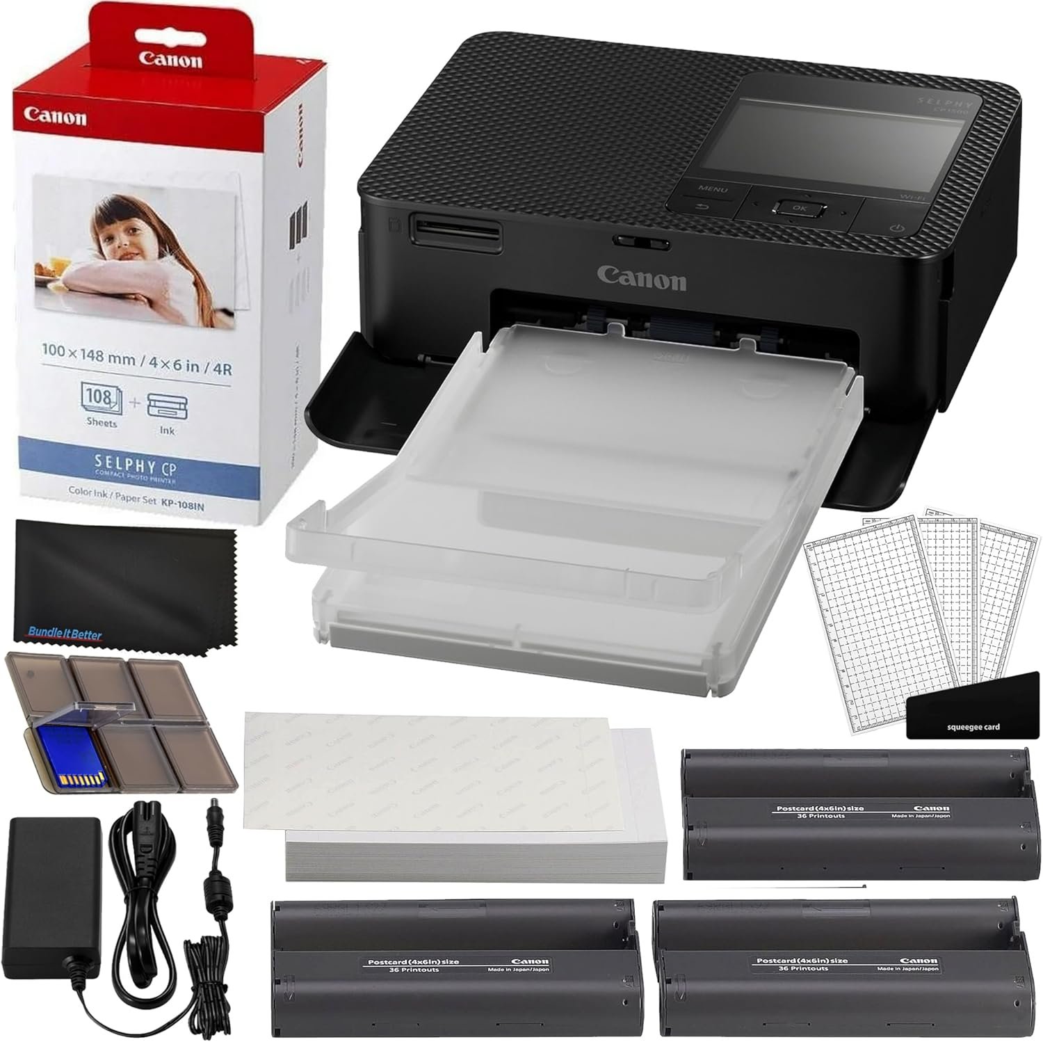 Canon Selphy CP1500 Wireless Compact Photo Printer (Black) Bundle with KP-108IN Color Ink Paper Set (108 Sheets of 4x6 Paper + 3 Ink Cartridges) + 6-Slot Memory Card Holder + More