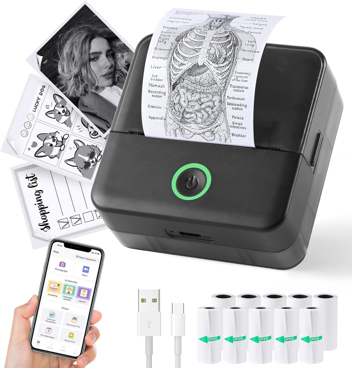 Print Pods Mini Printer, Thermal Inkless Sticker Maker with 10 Rolls Printing Paper, Pocket Printpod for phone, Impresora Portátil for Notes, Flashcards, Journal, DIY, Compatible with iOS & Android