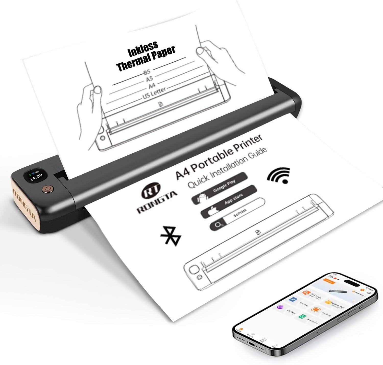 Rongta Portable Printer Wireless for Travel, Bluetooth WiFi Inkless Thermal Printers for 8.5" x 11" US Letter & A4 Size, Compatible with Android iOS Phone Mac Windows Laptop for Office & Home (Gray)