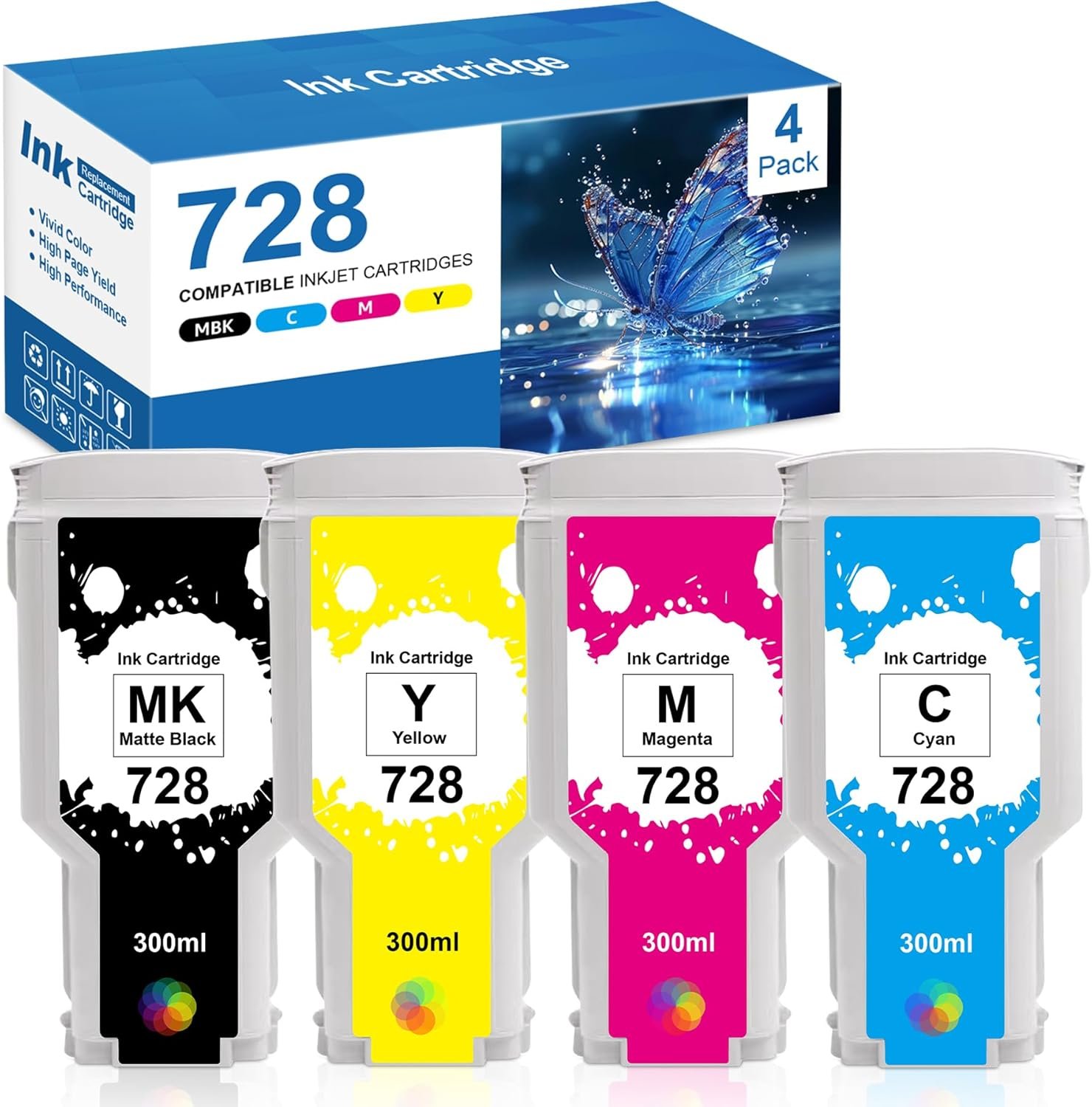 728 Ink Cartridges Combo Pack Replacement for HP 728 Ink 300ML Compatible for HP DesignJet T830 MFP & T730 Large Format Plotter Printers (4-Pack, Matte Black/Cyan/Magenta/Yellow)