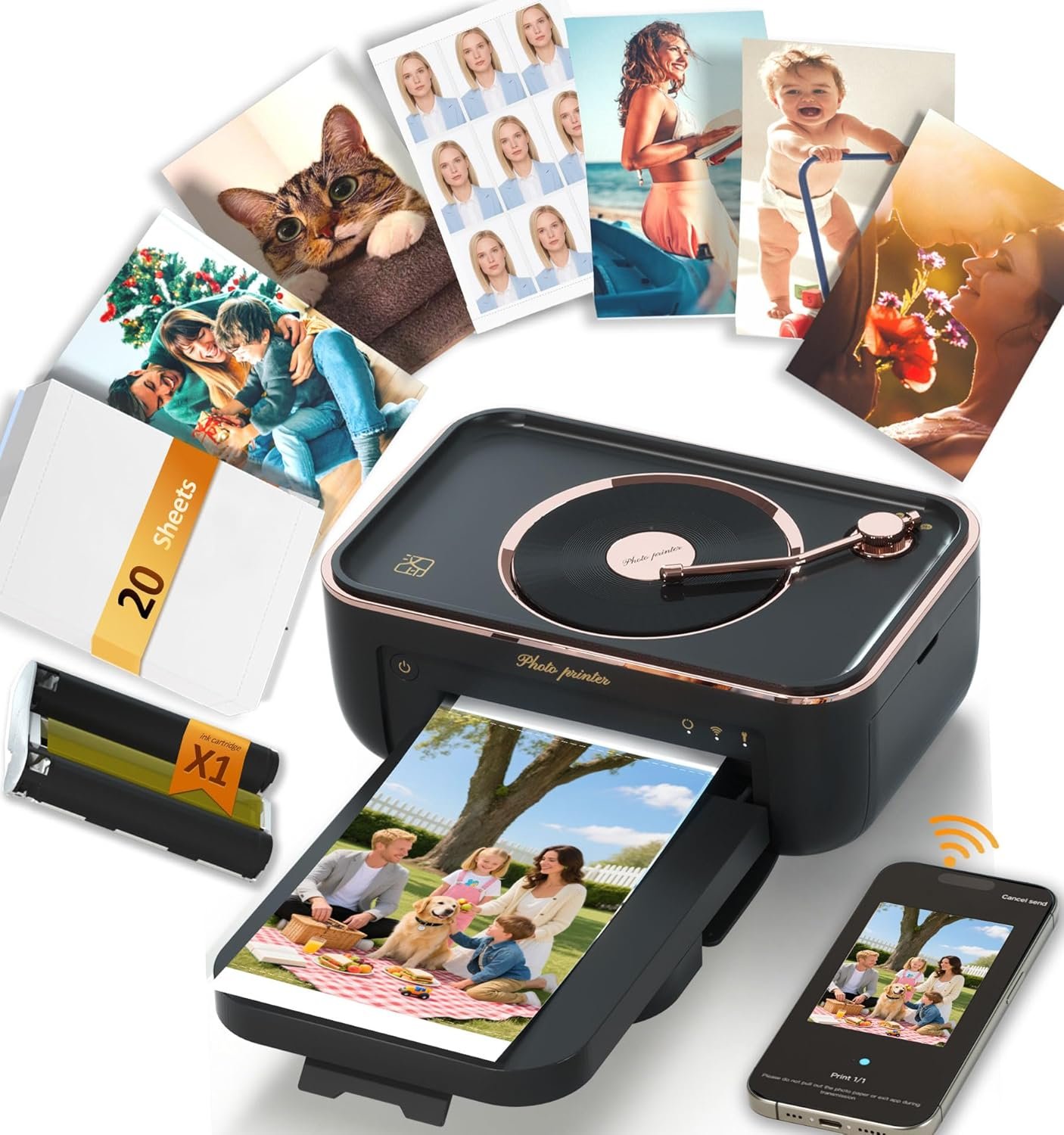 PRT 4x6 Photo Printer, Phone Printer with 20 Sheets & 1 Ribbon, Wireless Instant Picture Printers for iOS Android, Thermal Dye Sublimation, Home Use, Wi-Fi, AR Video, Fun App, CP6000, Black