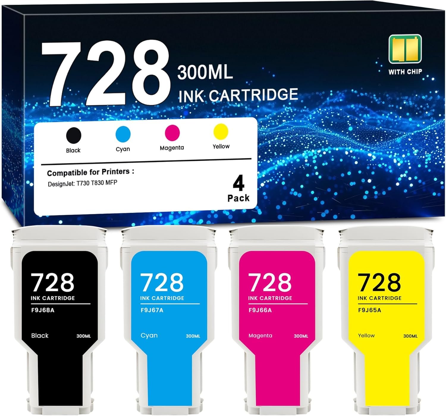 728 Ink Cartridge 300ML Pigment Ink Tank Bundle Replacement for HP 728 Ink Cartridges F9J68A F9J67A F9J66A F9J65A for DesignJet T830 MFP & T730 Large Format Plotter Printers, 4-Pack 728 Ink Kit