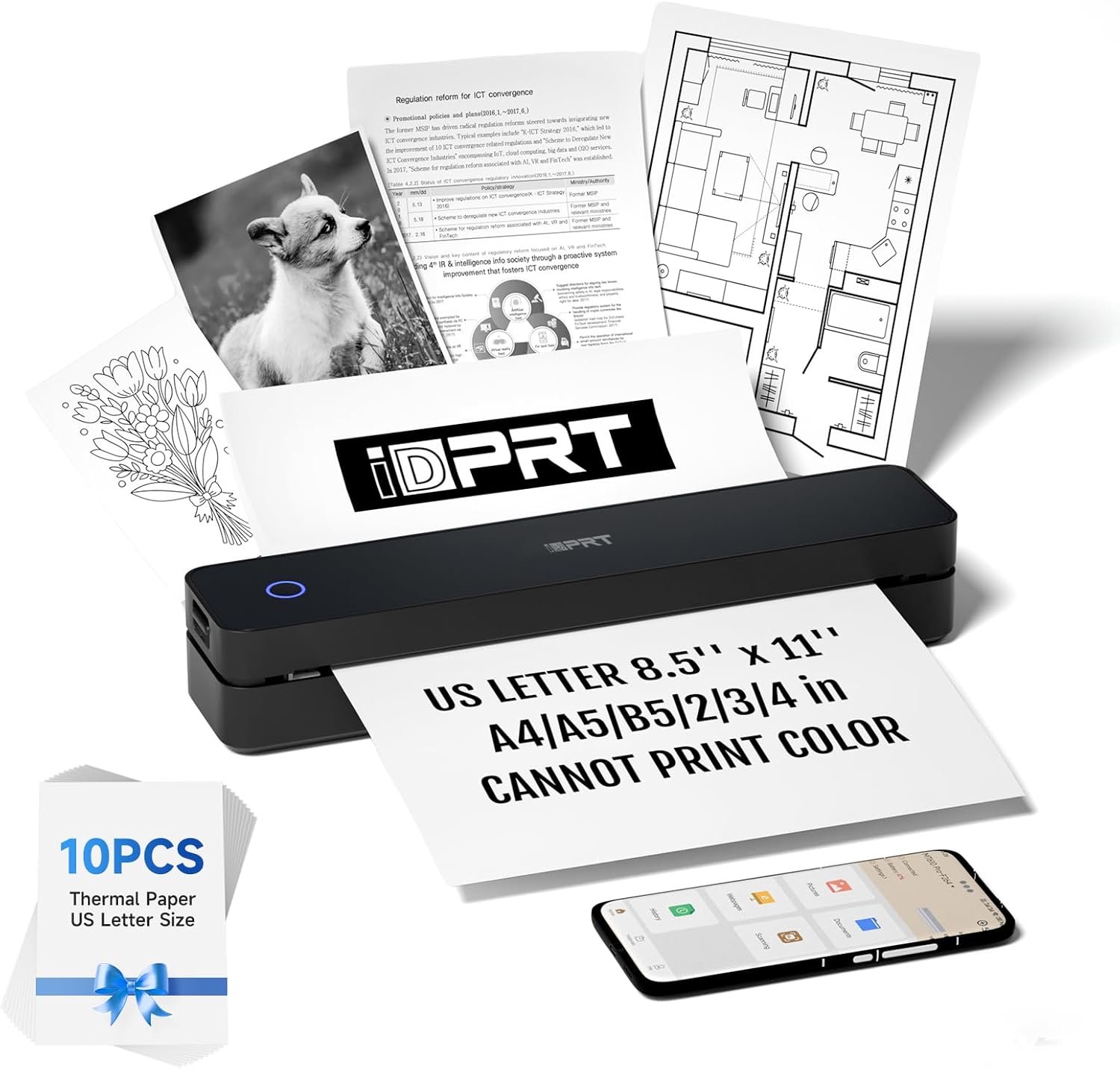 iDPRT Portable Thermal Printer, MT610 Pro Wireless for Travel, 300 DPI Bluetooth Inkless Printer Support 8.5" X 11" US Letter Thermal Paper for Home, Compatible with iOS, Android, Black (Renewed)