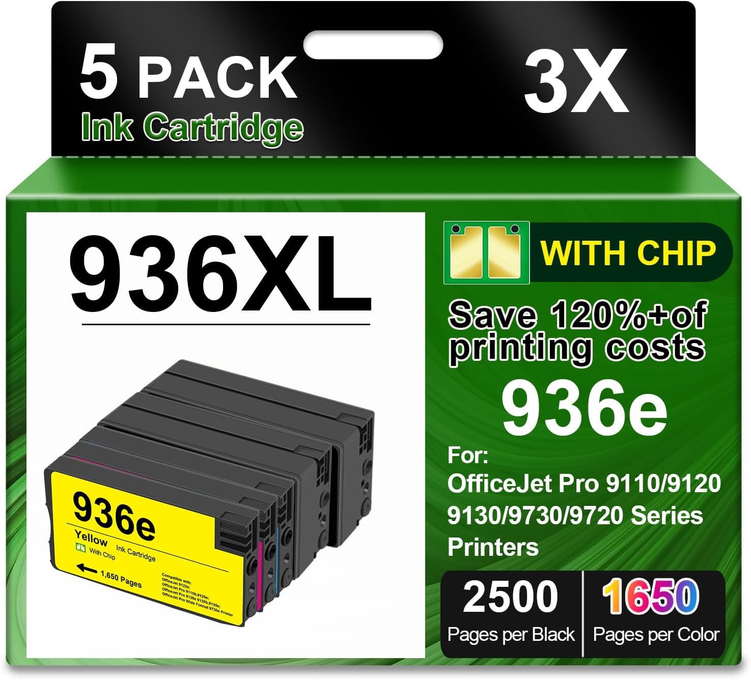 936XL 936e Ink Cartridge High Yield Combo 5-Pack Replacement for 936 936e Ink Compatible for OfficeJet Pro 9125e 9120e 9130 9135e 9128e 9110b 9120b 9130b 9130e Wide Format 9730e 9122e Inkjet Printer