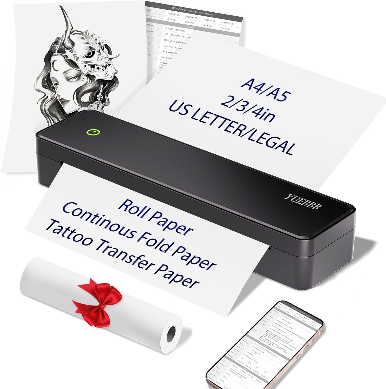 Inkless Portable Printers Wireless for Travel, Inkless Printer, Tattoo Stencil Printer, Support A4&A5 & 8.5 x 11inch Thermal Paper & Transfer Paper for Office, Travel, Tattoo Artist