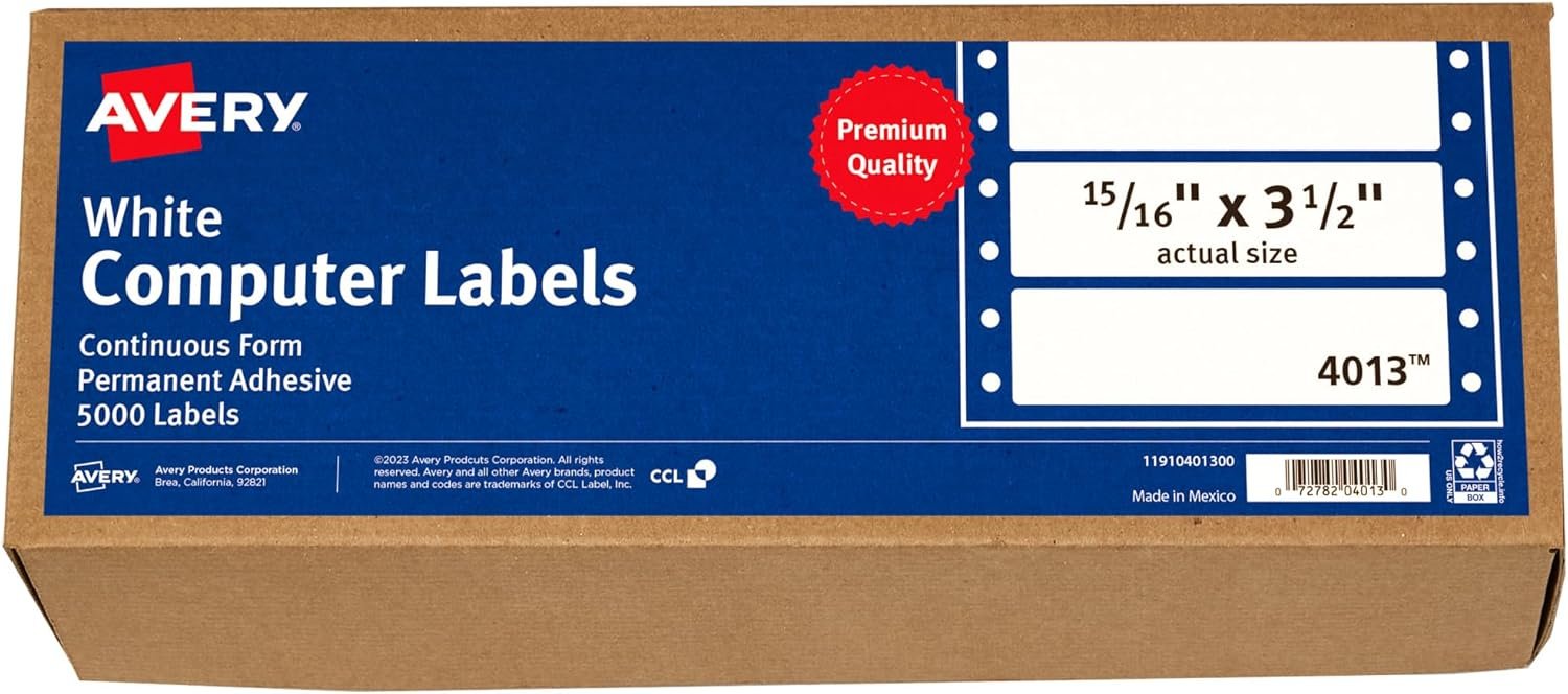 Avery White Computer Labels, 15/16" x 3-1/2", Dot Matrix and Pin-Feed Printers, 5,000 Total (4013)