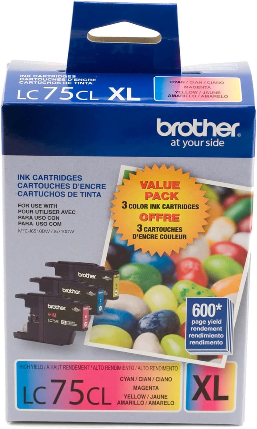 Brother LC753PKS XL High Yield 3 Pack - 1 Each LC75C, LC75M, LC75Y Ink, Yellow/cyan/magenta