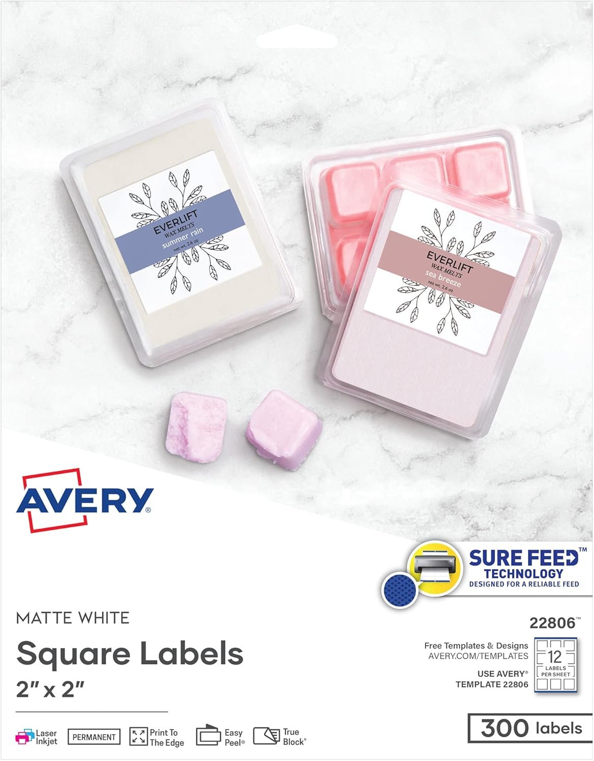 Avery Printable Blank Square Labels, 2" x 2", Matte White, 300 Customizable Labels (22806)