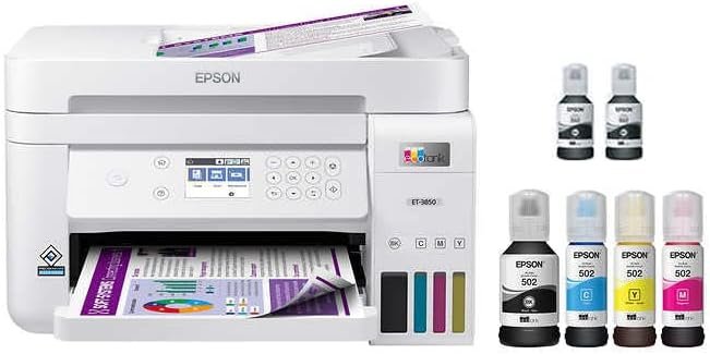 Epson EcoTank Wireless Color All-in-One Cartridge-Free ET-3850 Supertank Inkjet Printer for Home Office, Scanner, Copier, ADF and Ethernet, Mobile Printing, with Bonus Black Ink Bottle & USB Cable
