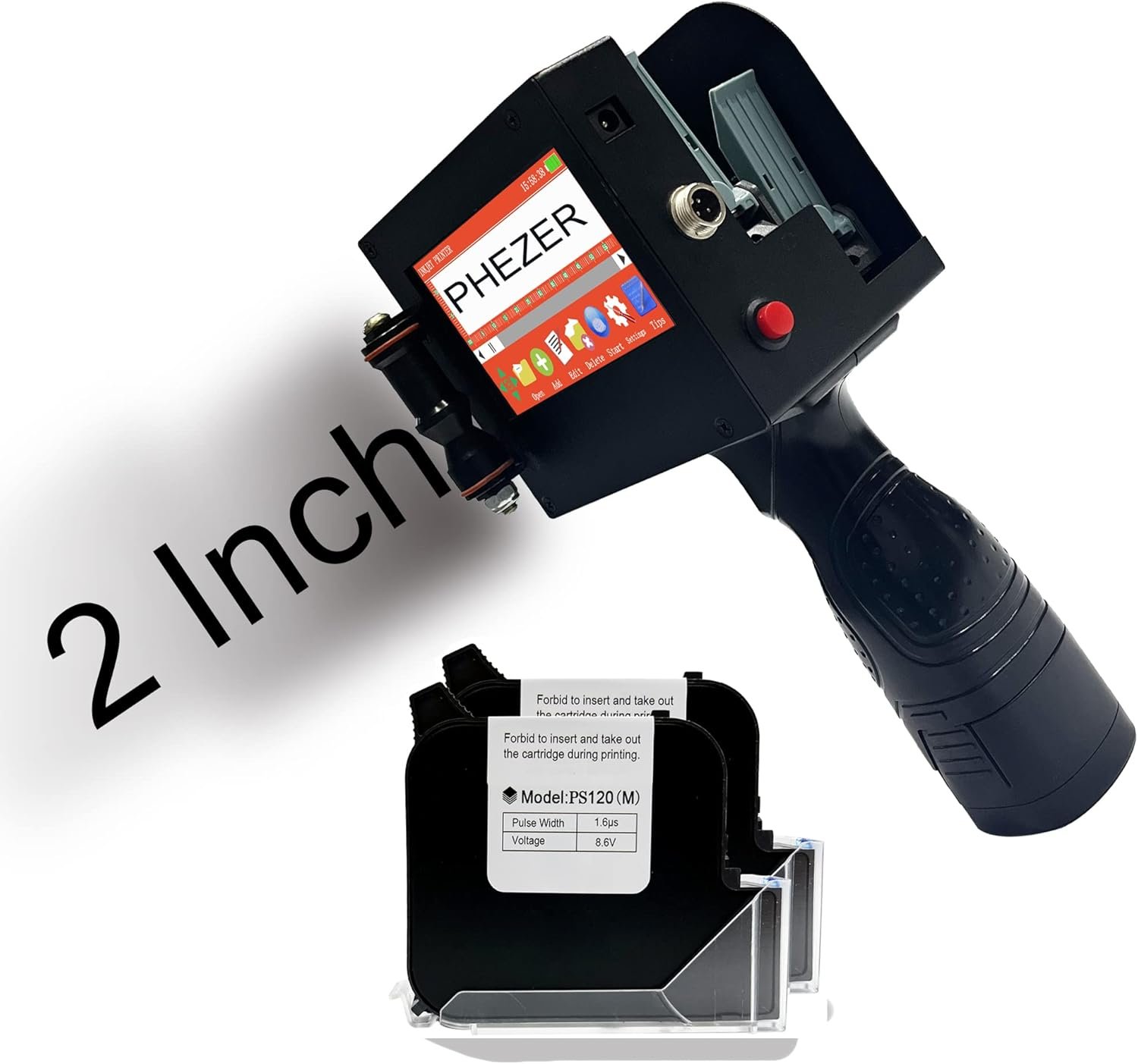 Phezer Dual Nozzle Large Charater Handheld Inkjet Printer P50, 2"/50.8mm Print Height, with 4.3" Touch Screen, Smart Expiry Date/Time/Barcode/QR/Logo/Label/Batch Number Code Machine for All Surface