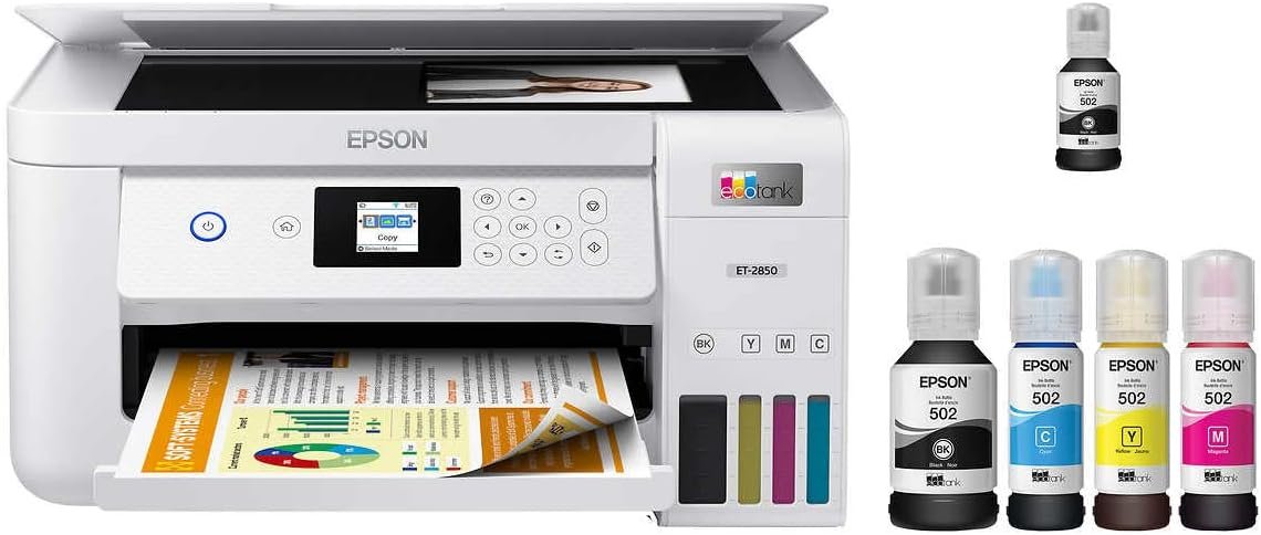Epson EcoTank ET-2850L Wireless Color All-in-One Printer, Print Scan Copy, 1.44" Color Display, Auto-Duplex Printing, Up to 10.5 PPM, 1200X2400 DPI with Bonus Black Ink Bottle and Printer Cable