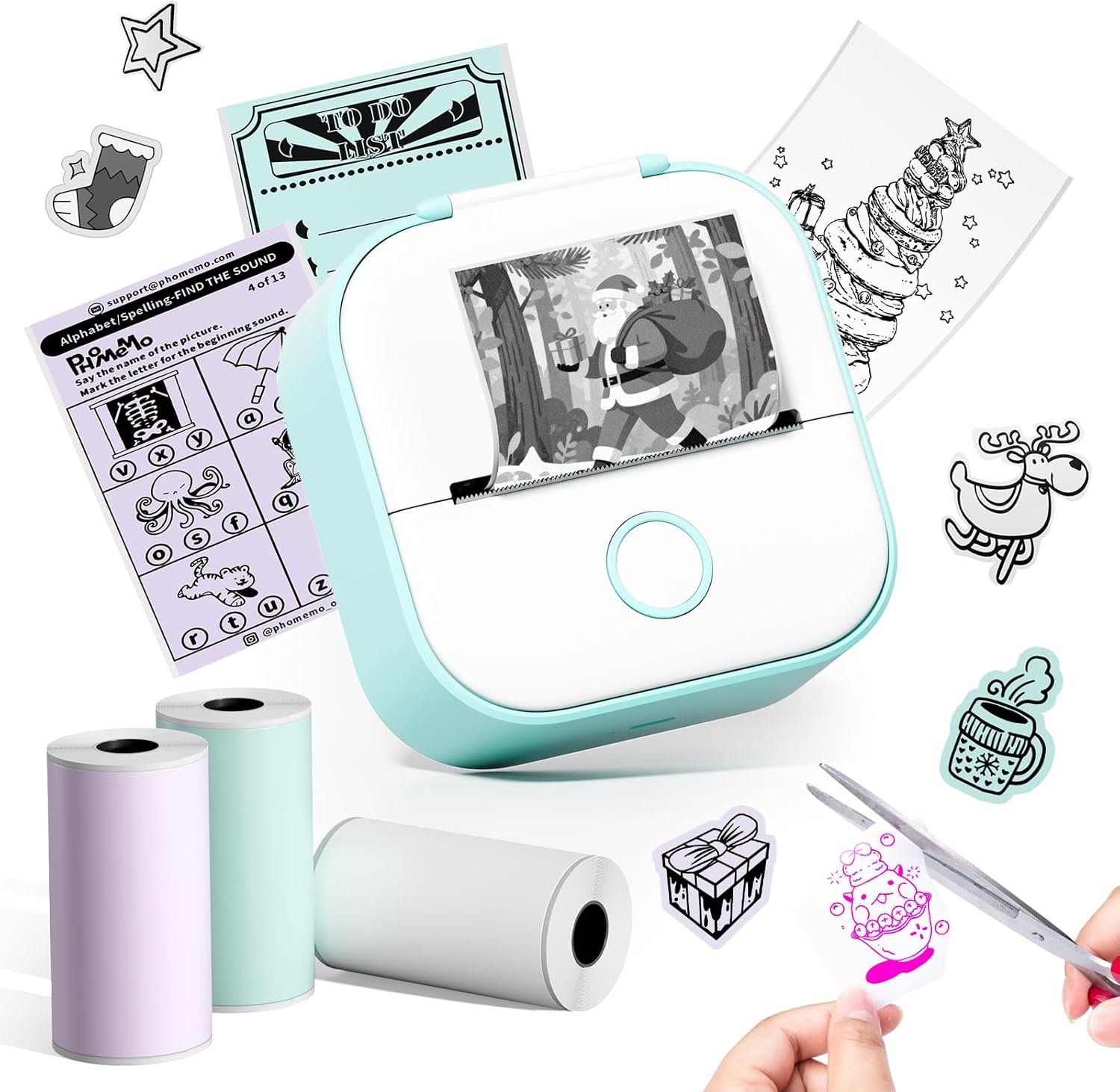 Memoqueen Mini Sticker Printer T02 Print Pods Mini Printer, Portable Thermal Printer, Kids Gift for Chirstmas, Journal, Memo, DIY Scrapbook, Travel, Compatible with iOS & Android, Green
