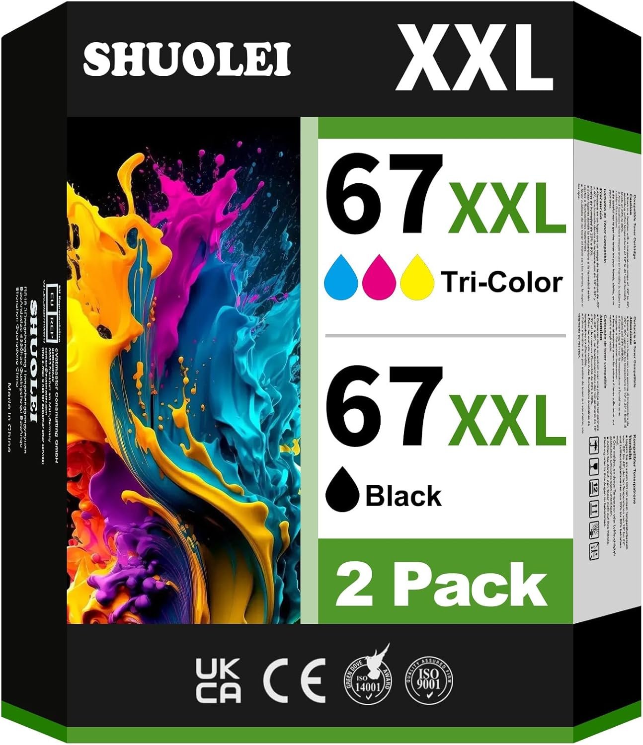 67XL Black/Color Ink Cartridges (2 Pack) Replacement for HP DeskJet 2855e 4255e 4155 2755e 4110e 2720e 2722 Envy 6055e 6458e 6010e 6020e Envy Pro 6455e 6475 Printer High-Yield Inkjet