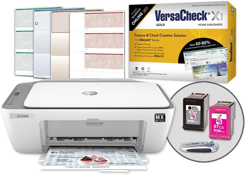 VersaCheck HP Deskjet 2755 MXE MICR All-in-One Printer X1 Gold Printing Software Bundle, White