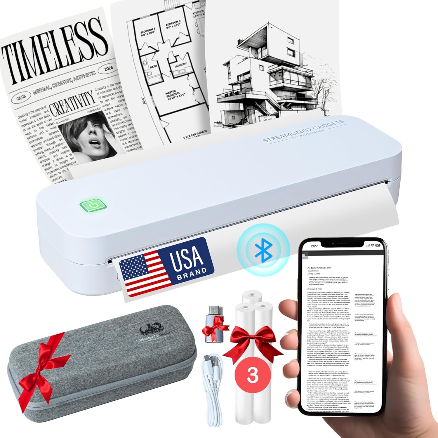 2025 Portable Wireless Inkless Thermal Printer – Bluetooth Mobile Printer for iPhone, Android, Laptop, Tablet for Home and School– 8.5”x11” w/Free Shockproof Case & 3 Rolls Thermal Paper