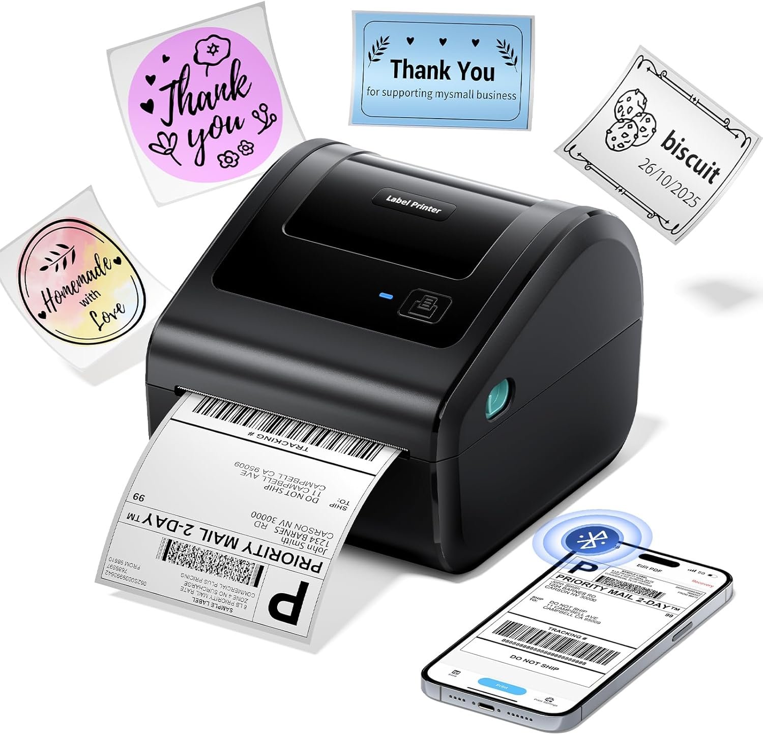 Bluetooth Shipping Label Printer, 4x6 Thermal Label Printer for Small Business - Compatible with Android, iOS, Windows and Mac, Widely Used for Amazon, Ebay, Etsy, Shopify, USPS, UPS,FedEx