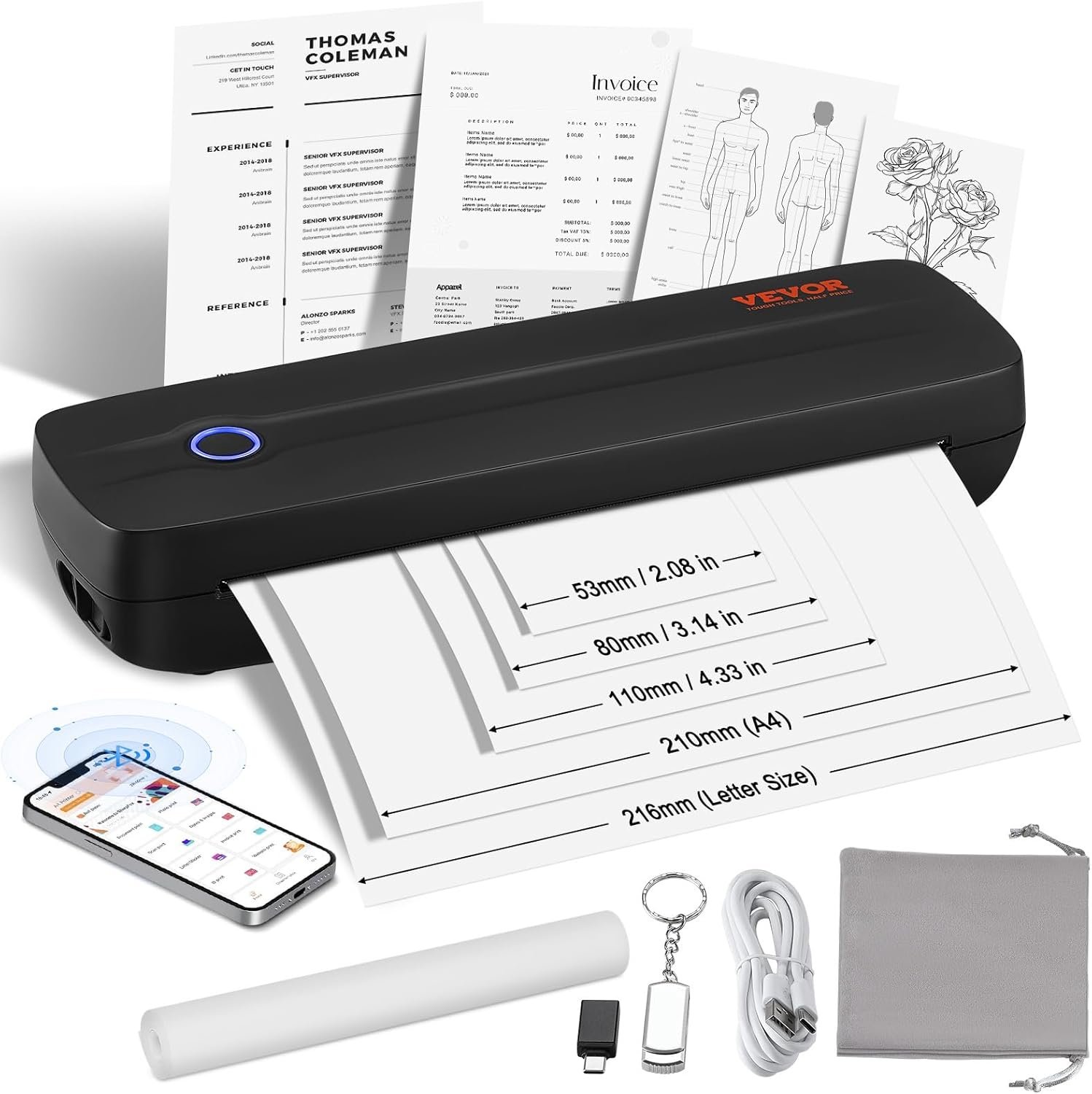 VEVOR Portable Printer - 2600mAh Battery, 203 DPI, Bluetooth Inkless Mobile Printer for A4, A5 & 8.5" x 11" Thermal Paper, Compatible with iOS, Android & Laptop, Ideal for Travel, Office & Home Use