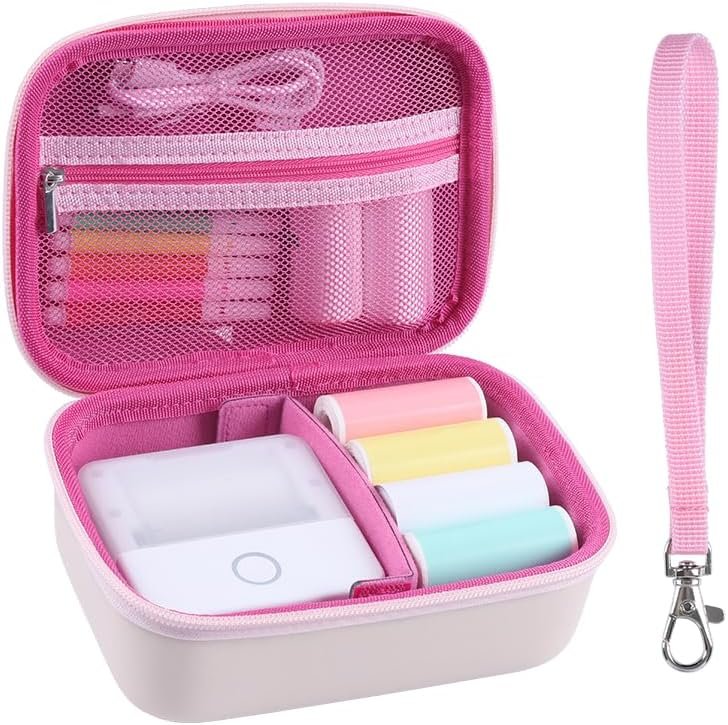 Carrying Case for Print Pods Mini Printer, Portable Mini Thermal Sticker Maker Travel Bag with Mesh Pocket, Bluetooth Label Printer Protective Storage Holder for Printing Paper & Accessories (Pink)