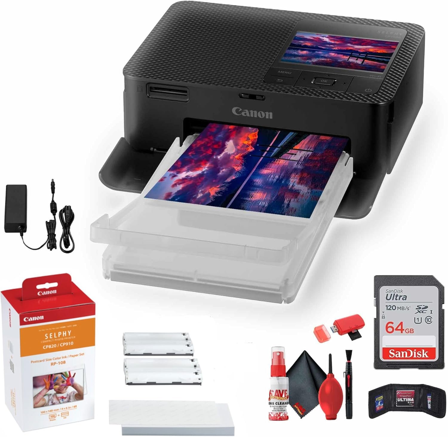 Canon SELPHY CP1500 Wireless Photo Printer with RP-108 Ink (Black) | Compact Dye-Sublimation for 4x6 Prints + 64GB Ultra Memory Card + Cleaning Kit + More