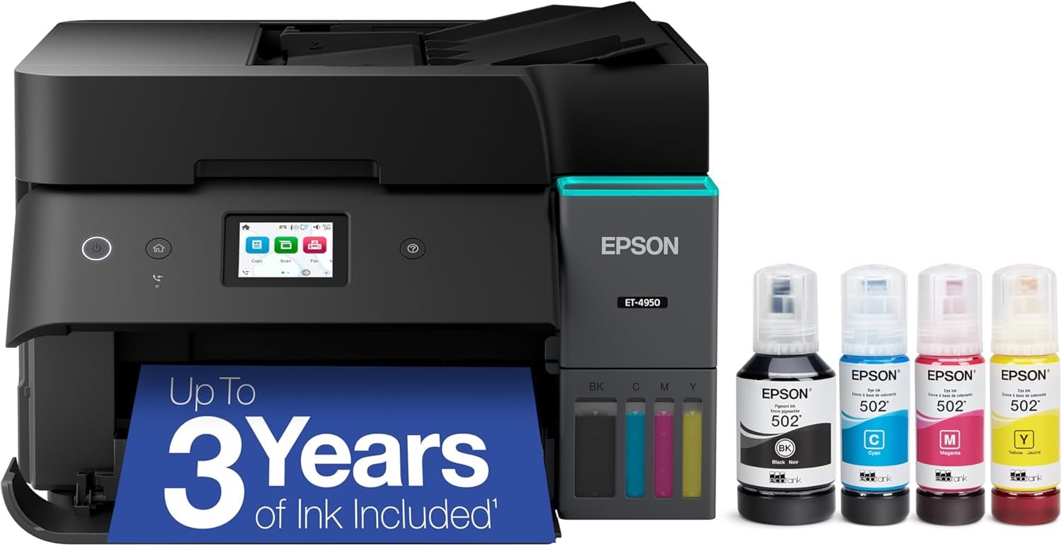 Epson EcoTank ET-4950 Wireless All-in-One Color Supertank Printer with up to 3 Years of Ink, Refillable Tanks, Perfect for Home, 18 PPM, 2.4" Color Touchscreen, Auto Document Feeder – Black