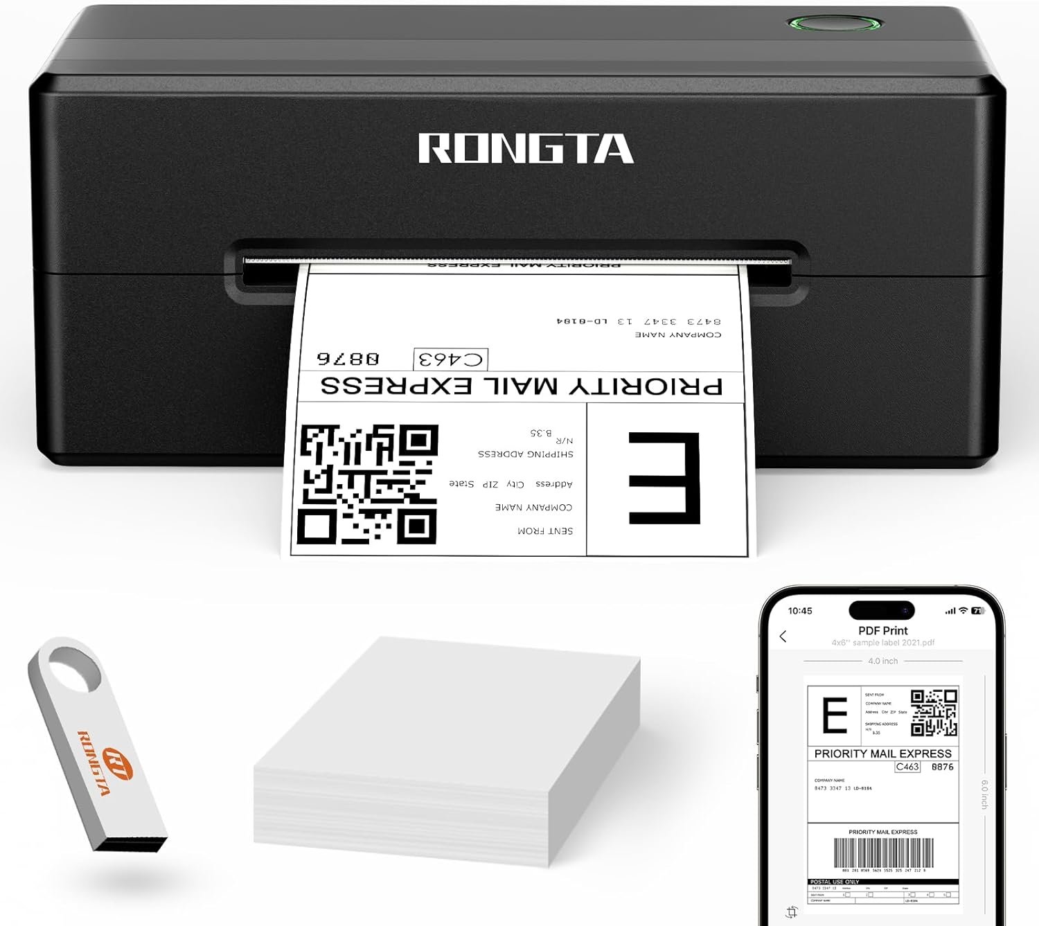Rongta 4x6 Bluetooth Thermal Shipping Label Printer, Wireless Shipping Label Maker for Amazon FBA, Ebay, Shopify, FedEx | Compatible with Windows/Mac/Android/iOS (Black)