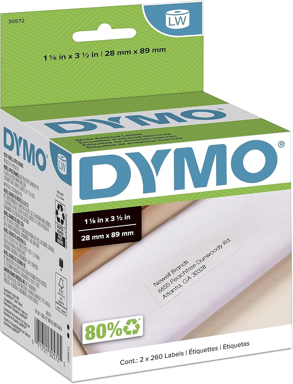 DYMO Authentic LW Mailing Address Labels for LabelWriter Label Printers, White, 1-1/8'' x 3-1/2'', 2 Rolls of 260 (30572)