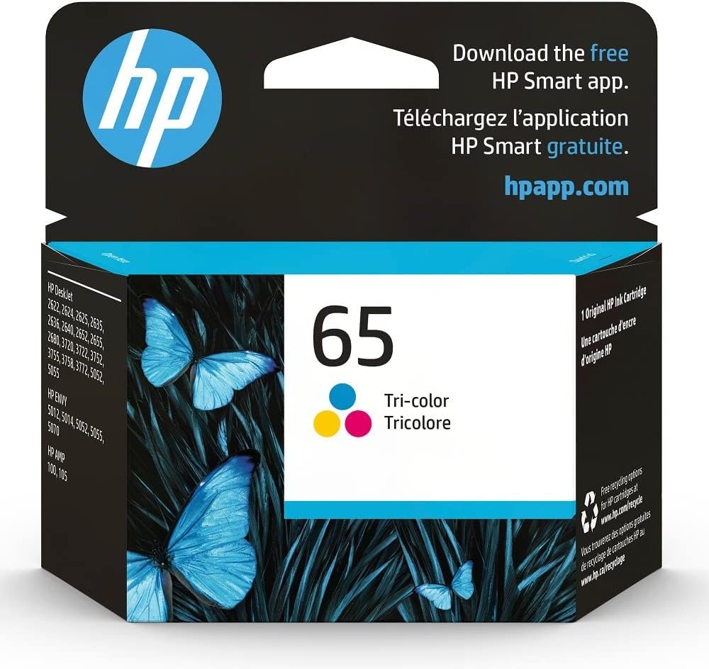 HP 65 Tri-Color Ink Cartridge | Works with AMP 100, DeskJet 2600, 3700; Envy 5000 | Eligible for Instant Ink | N9K01AN