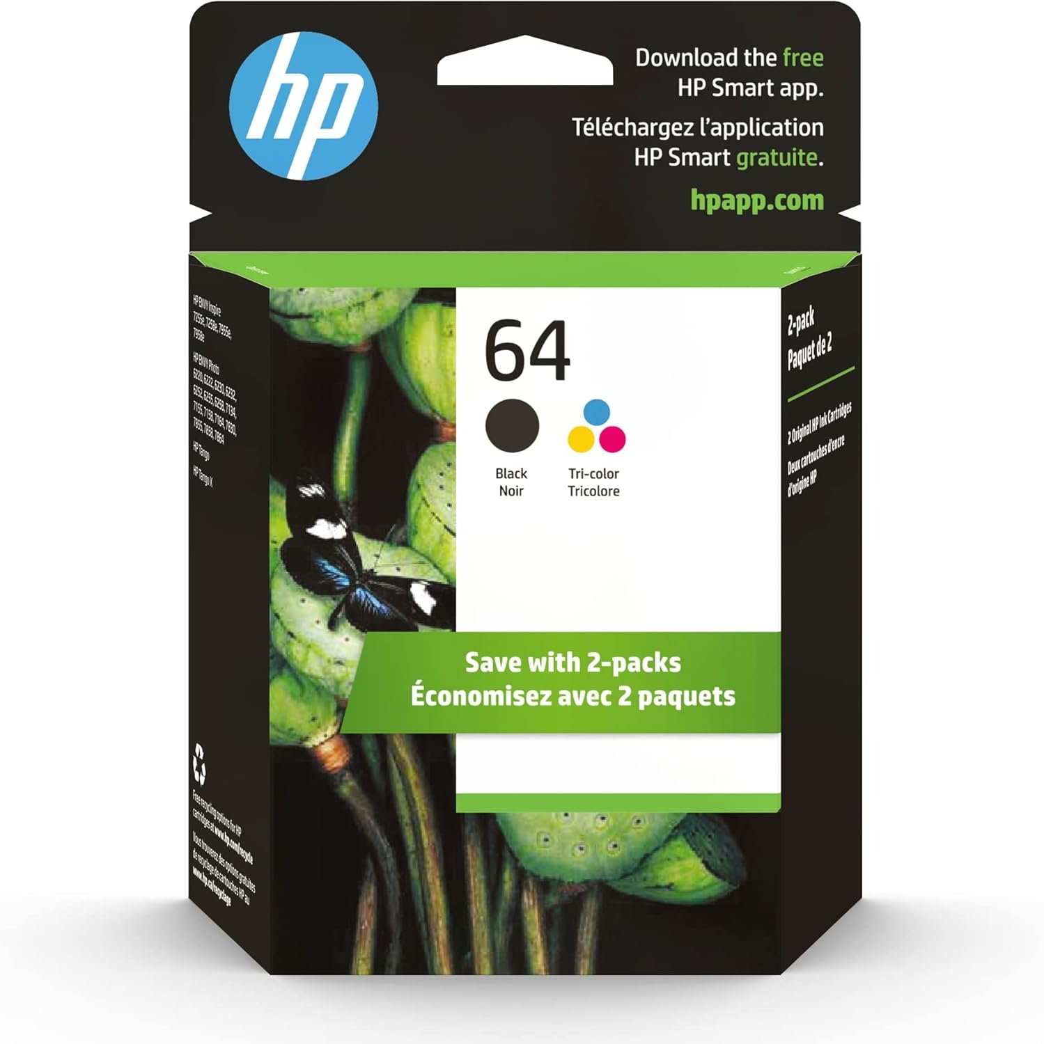 HP 64 Black & Tri-Color Ink Cartridges Printers (Combo Pack) | Works with Printer Series: Inspire 7950e; Envy Photo 6200, 7100, 7800; Tango | Eligible for Instant Ink | X4D92AN