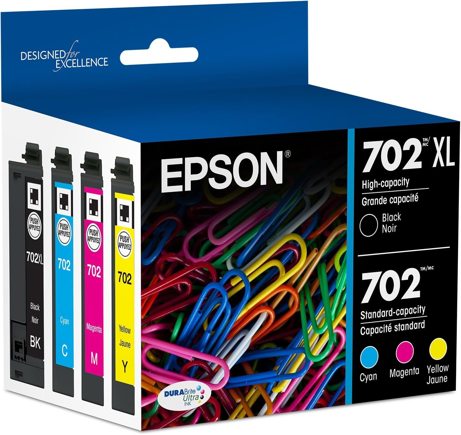 EPSON 702 DURABrite Ultra Ink High Capacity Black & Standard Color Cartridge Combo Pack (T702XL-BCS) Works with WorkForce Pro WF-3720, WF-3730, WF-3733