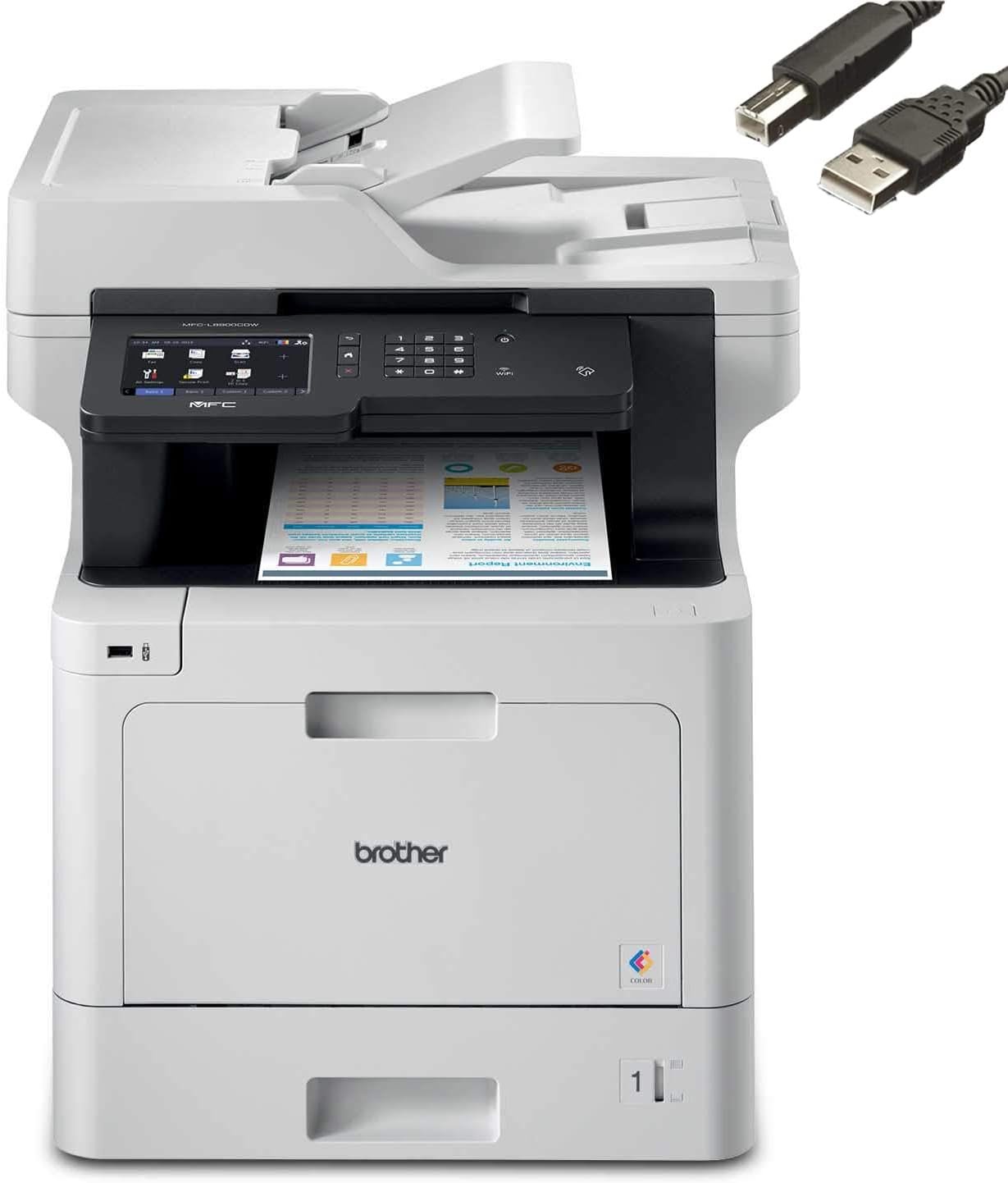Brother MFC-L8900CDW Business Color Laser All-in-One Printer, Print Scan Copy Fax, Automatic 2-Sided Printing, 5 inch Color Touchscreen, 250-sheet, 512MB, Bundle with JAWFOAL Printer Cable