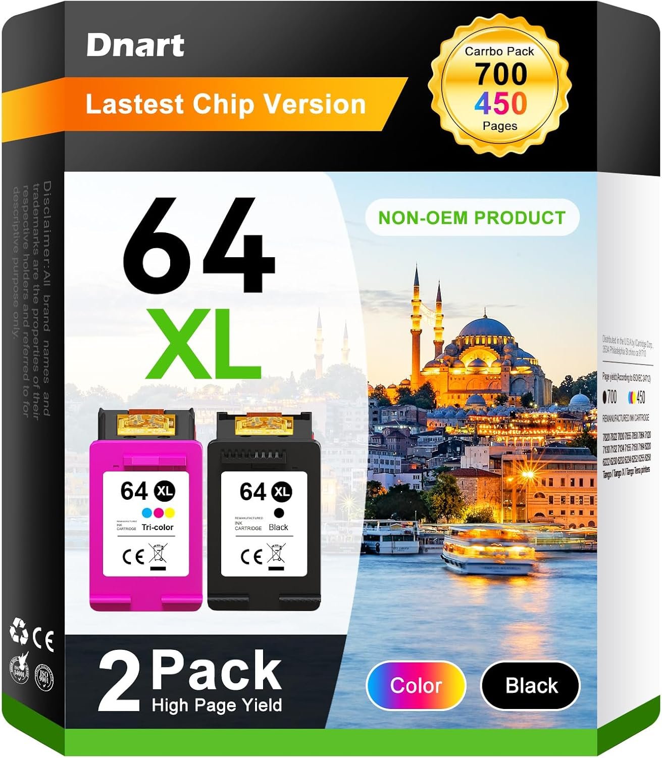 DNART 64XL Ink Cartridge Combo Pack (2 Pack) - Replacement for HP Ink 64 Black/Color High Yield HP64xl Ink Compatible with HP Envy Photo 7855 7858 7155 7800 6255 6200 7955e Tango Series Printers
