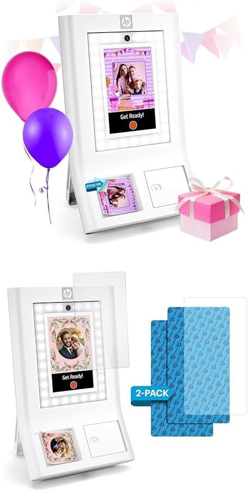 HP Sprocket White Photo Booth Machine Instant Color Photo Printer - 10.1" Touchscreen, LED Ring Light + Screen Protector - 9H High-Transparency, Scratch-Resistant