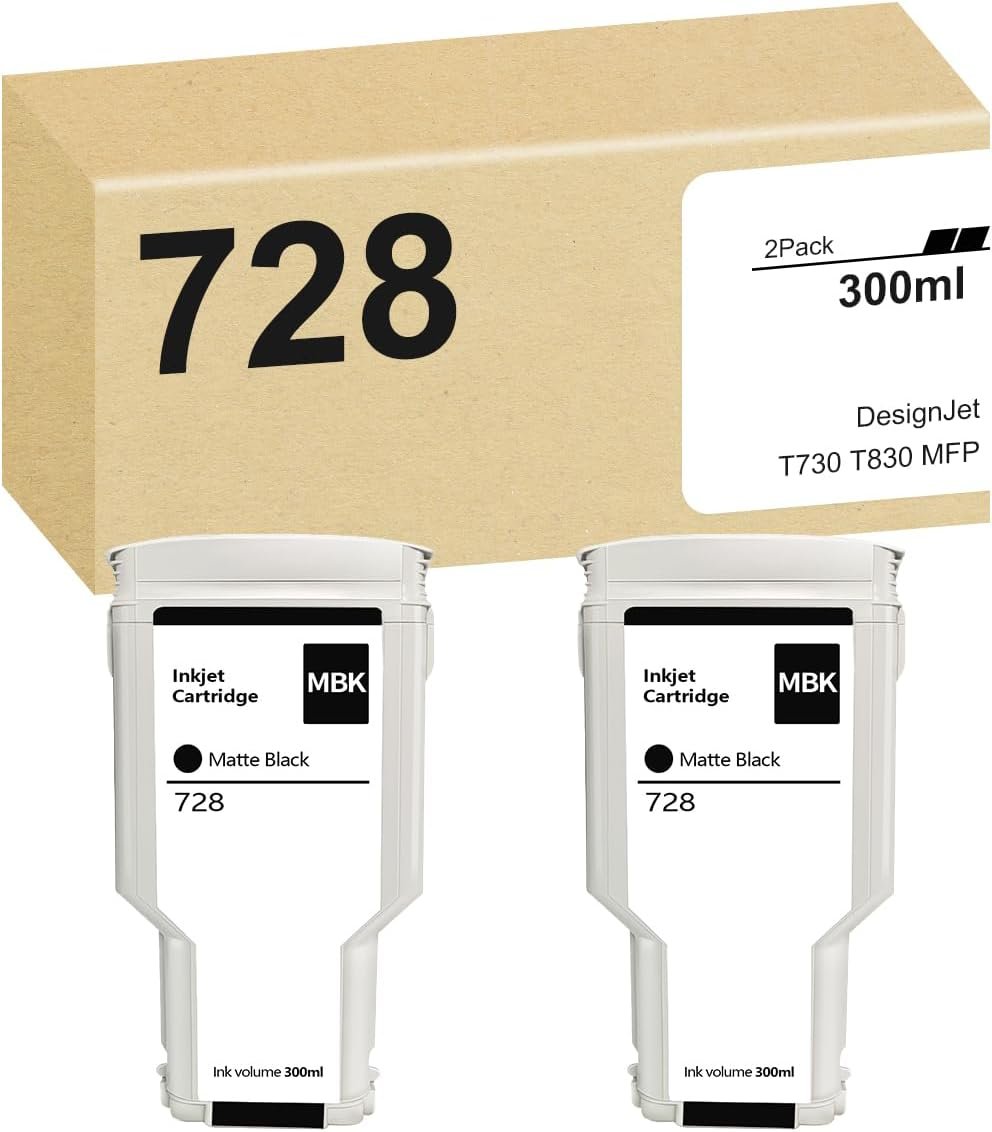 DesignJet 728 Matte Black (2-Pack) Replacement for HP 728 Matte Black 300-ml Ink Cartridge, F9J68A use for DesignJet T830 MFP & T730 Large Format Plotter Printers