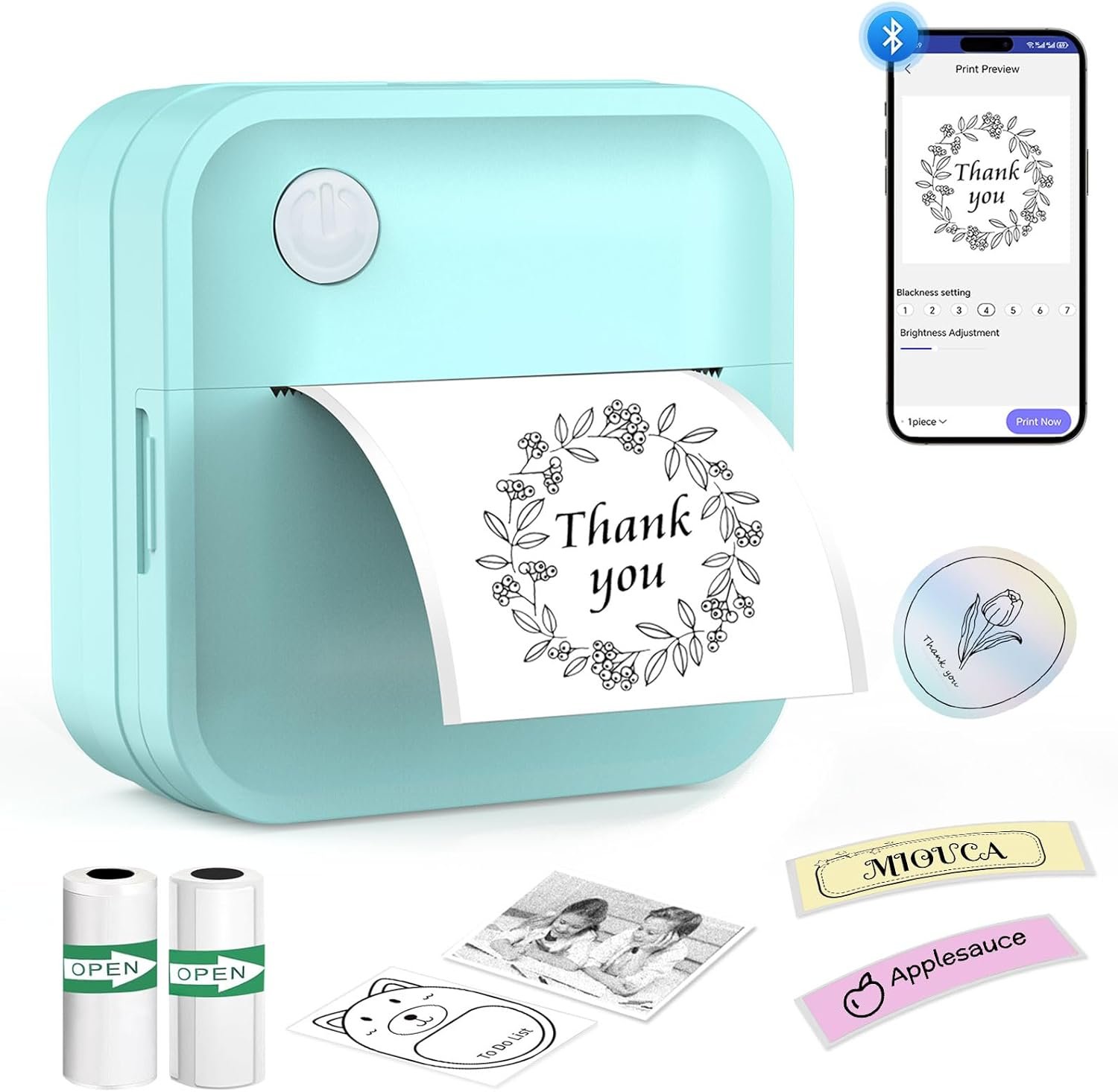 Miouca Label Maker Machine with Tape - Mini Sticker Printer Bluetooth Label Printer for Home Office Organization, Portable Thermal Sticker Maker Print Pod with Multiple Templates for Phone (Green)