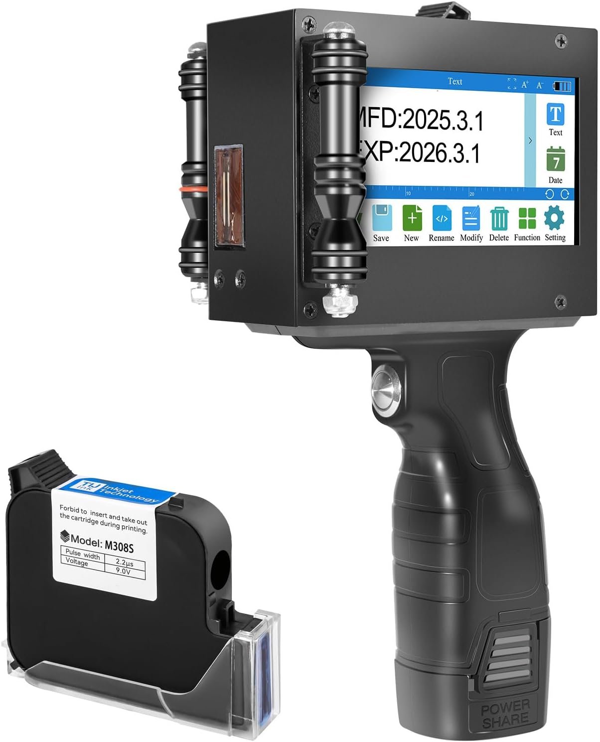 Portable Handheld Inkjet Printer with Black Quick-Drying Ink Cartridge for Text/Date/Logo/Batch Number/QR Code/Barcode, 4.3-inch Touch Screen, Print Height 0.08-1 Inch (ZM-C880)