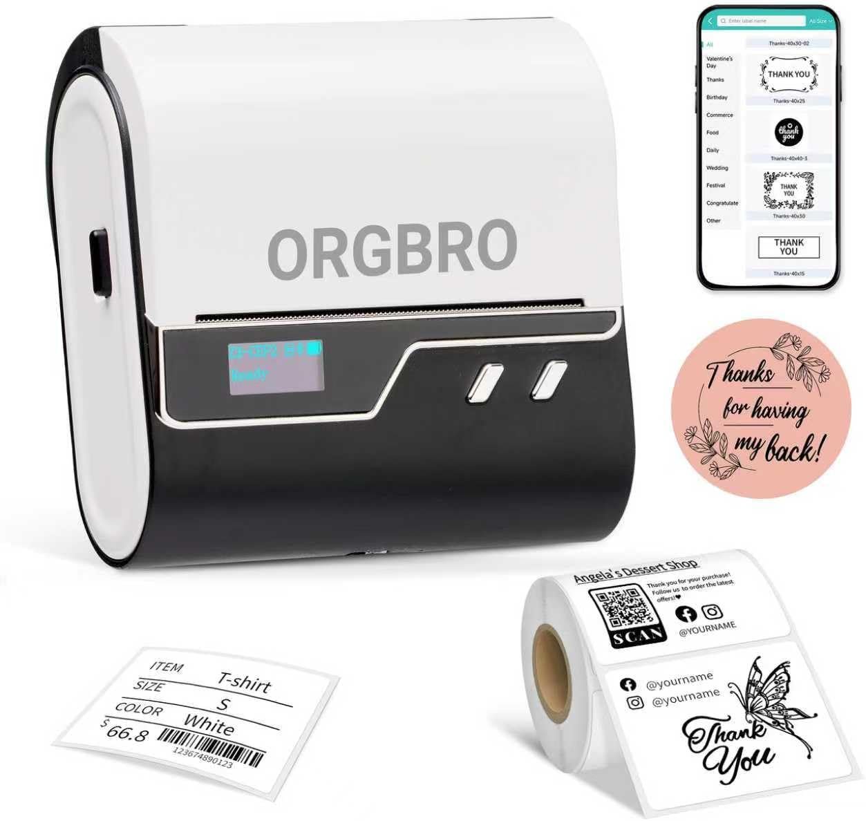 ORGBRO Z3 Label Maker Machine with Tape, 2-3 Inch Bluetooth Thermal Label Printer, Portable Sticker Printer for Small Business Office Home Organization Barcode Address, Compatible with Phones & PC