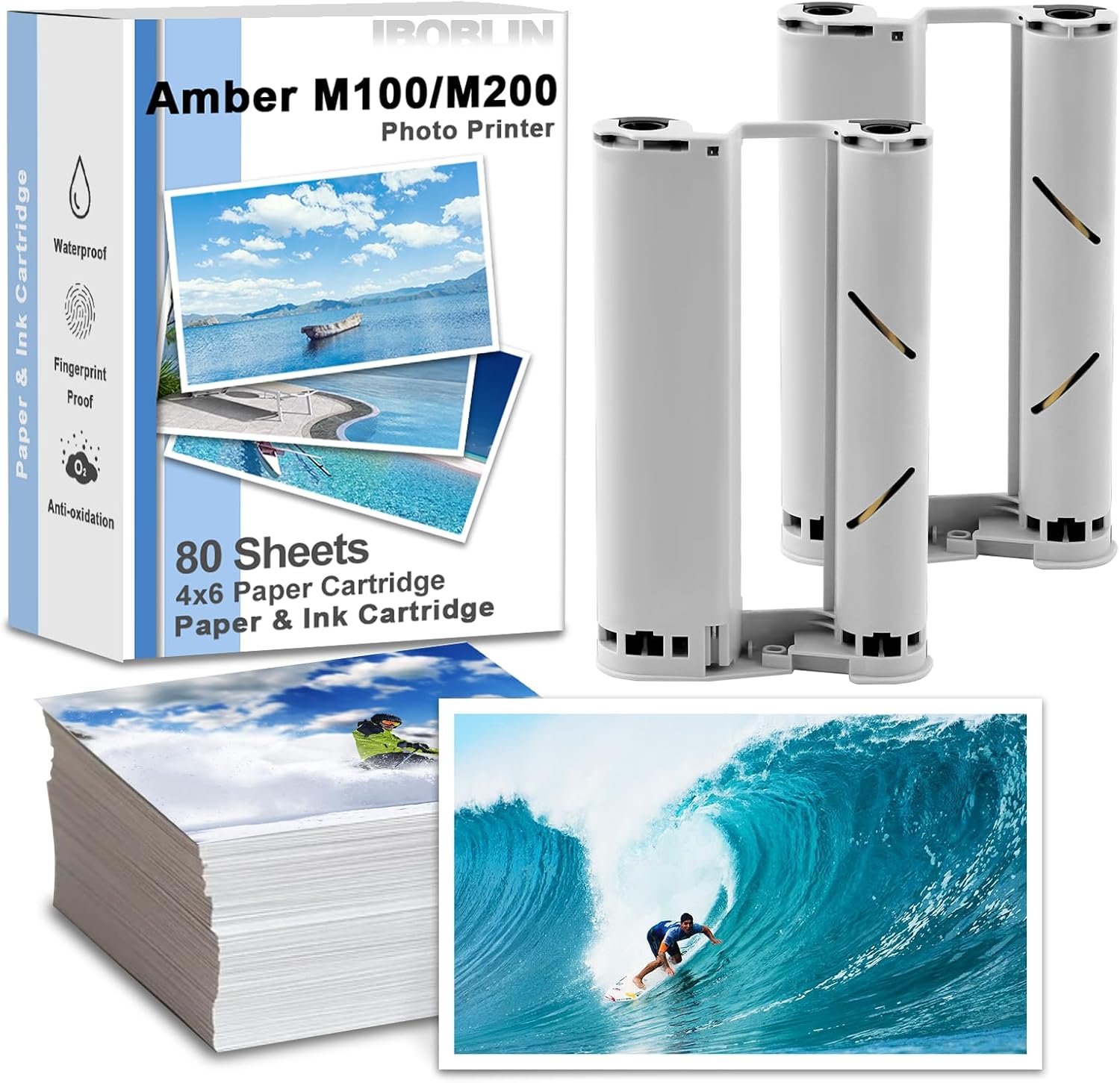 IBOBLIN Compatible for Liene Amber M100/M200 4x6 Photo Printer Ink Cartridge-2 Cartridges Refill and Photo Paper- 80 Sheets with DHP512/DHP513 Photo Printers