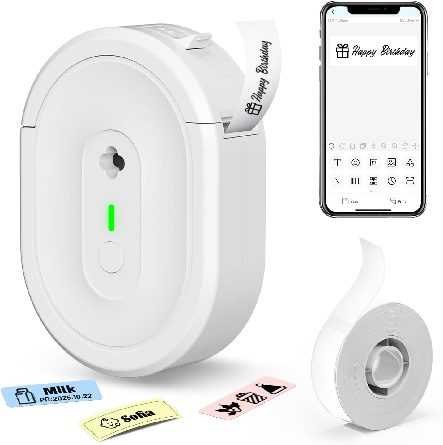 Label Maker Machine with Tape, Small Portable Bluetooth Label Printer, Handheld Mini Labeler for Home, Kitchen, Office, Waterproof Label Makers for Labeling, Gift, Kids School Items, White