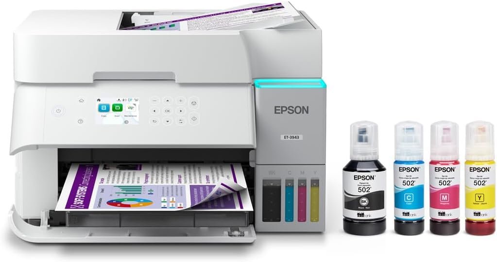 Epson EcoTank ET-3943 Wireless All-in-One Color Supertank Printer, Refillable Tanks, 2.4" Color Display, Auto Document Feeder, Auto Duplex Print/Copy/Scan, 250-Sheet Paper Tray – White