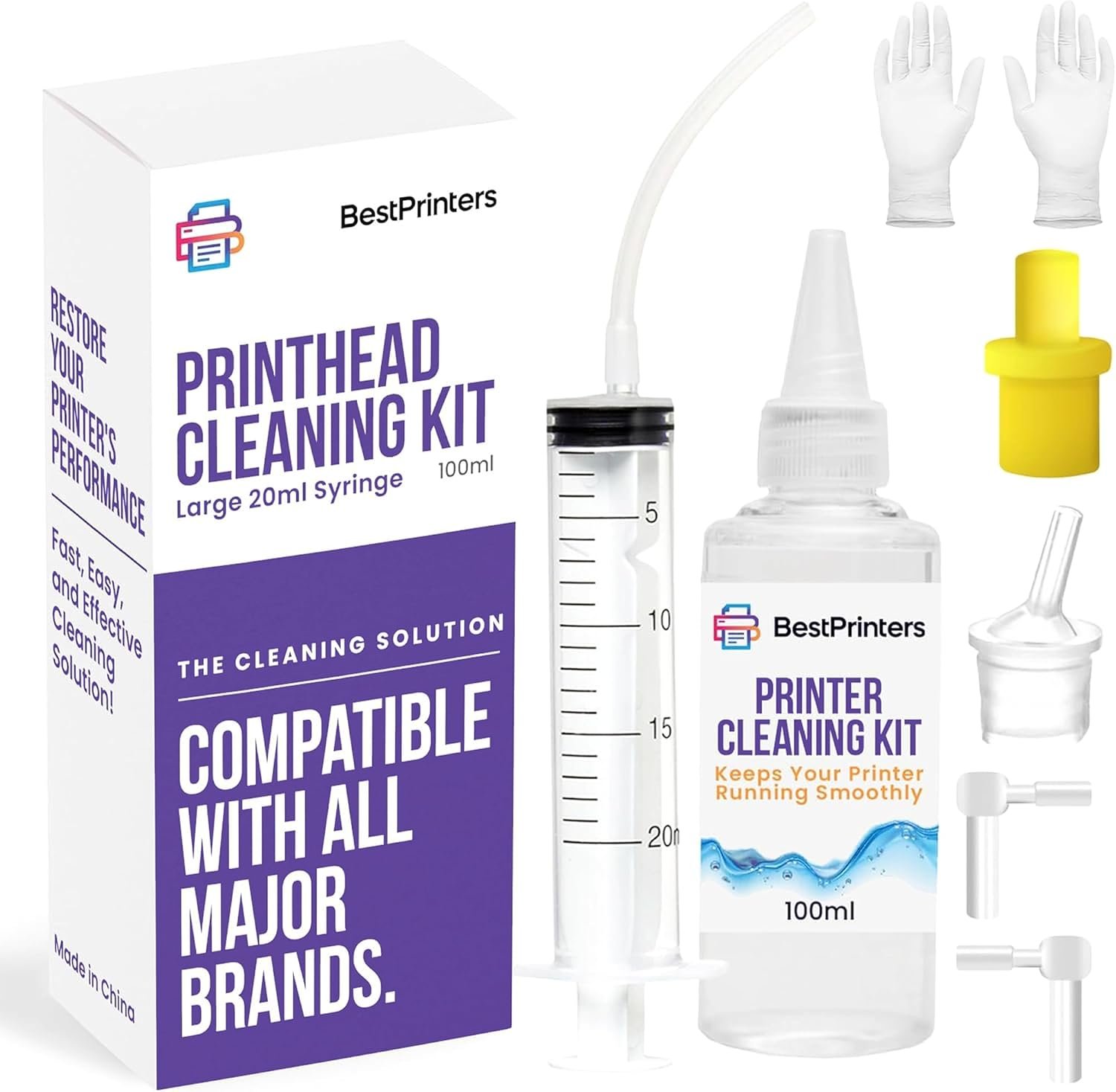 Best Printer Cleaning Kit for Epson, HP | Brother Inkjet Printhead Cleaning Kit | Inkjet Printer Head Cleaner | Printer Head Cleaning Kit with LARGE 20ml Syringe - 100ml Printer Cleaning Fluid